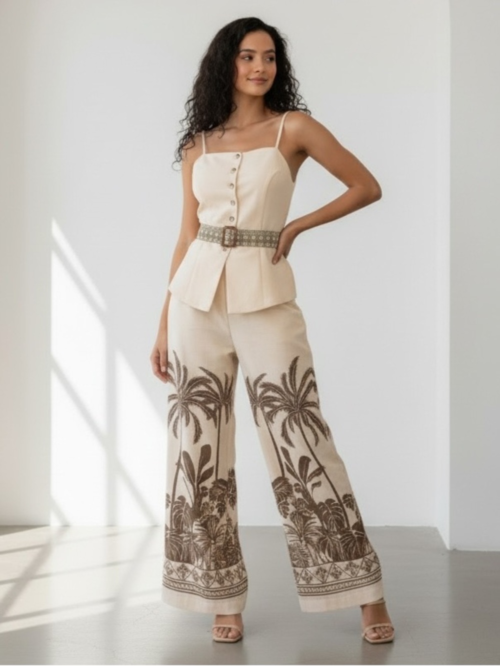 Beige Palm-Print Wide Leg Pantsuit